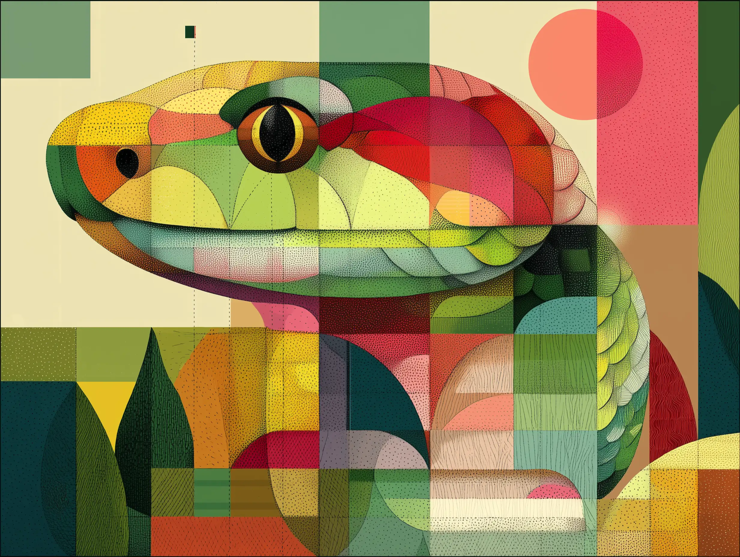 Flat illustration of a snake with clean geometric shapes, soft color blocks, friendly modern design, minimal details