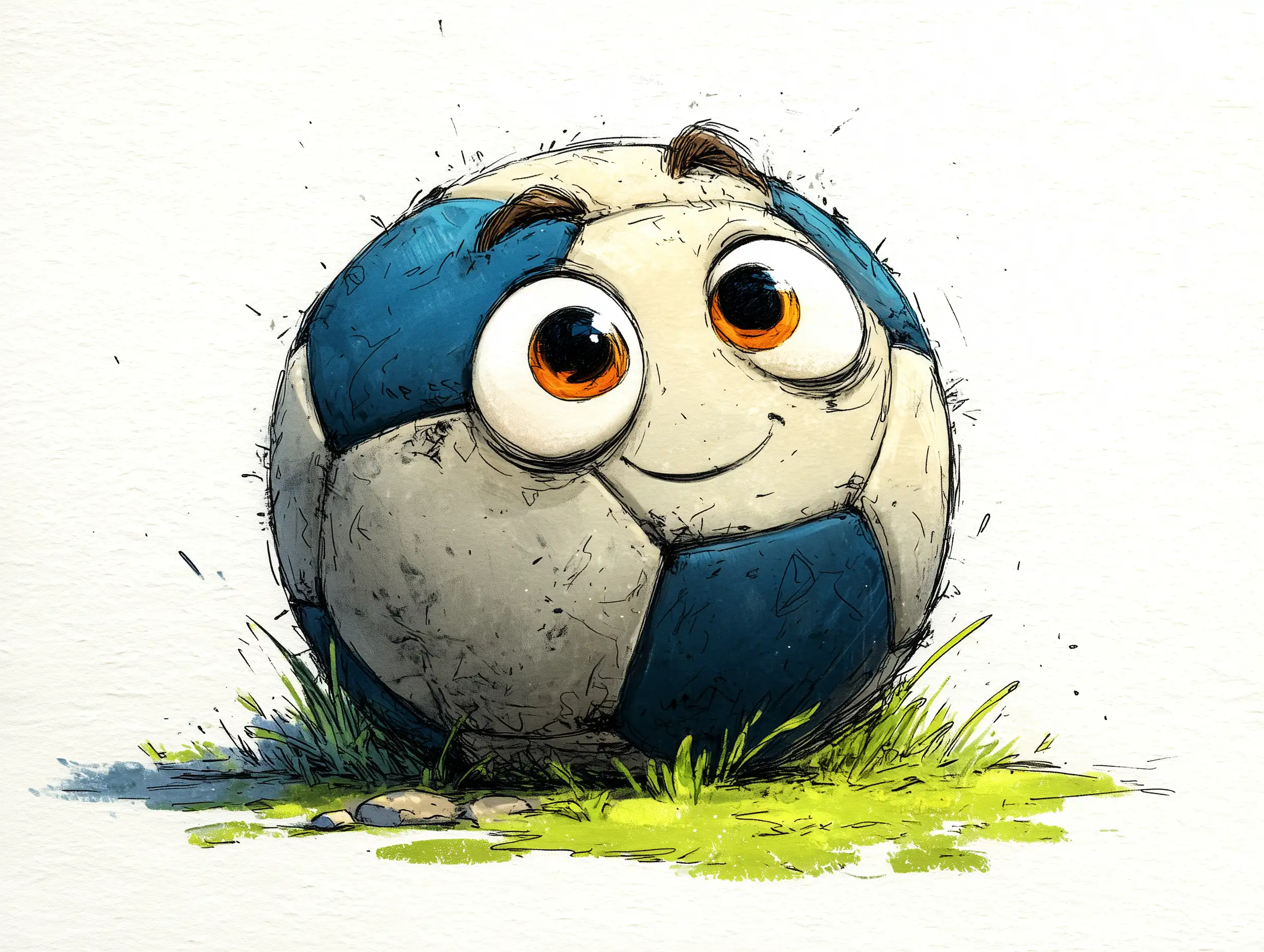 Cartoon-style soccer ball with expressive eyes and smiling face, thick outlines, soft shading, friendly playful mood, kids illustration style