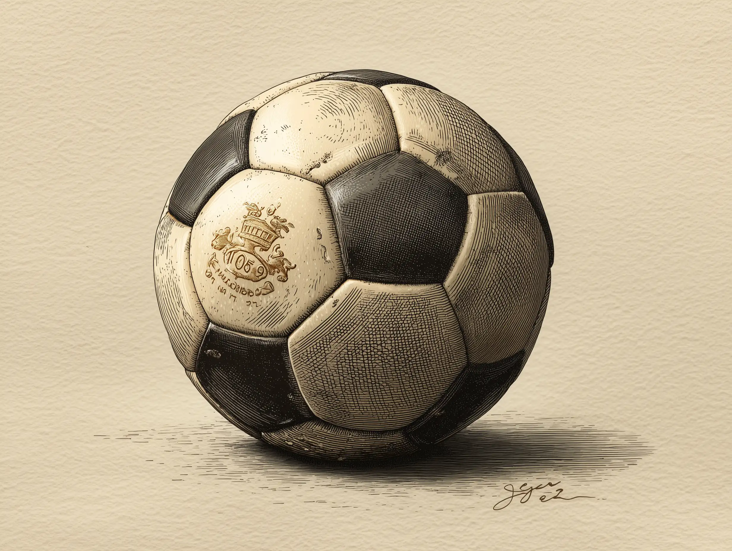 Vintage ink-style drawing of a soccer ball with cross-hatching shading, aged paper texture, classical illustration mood