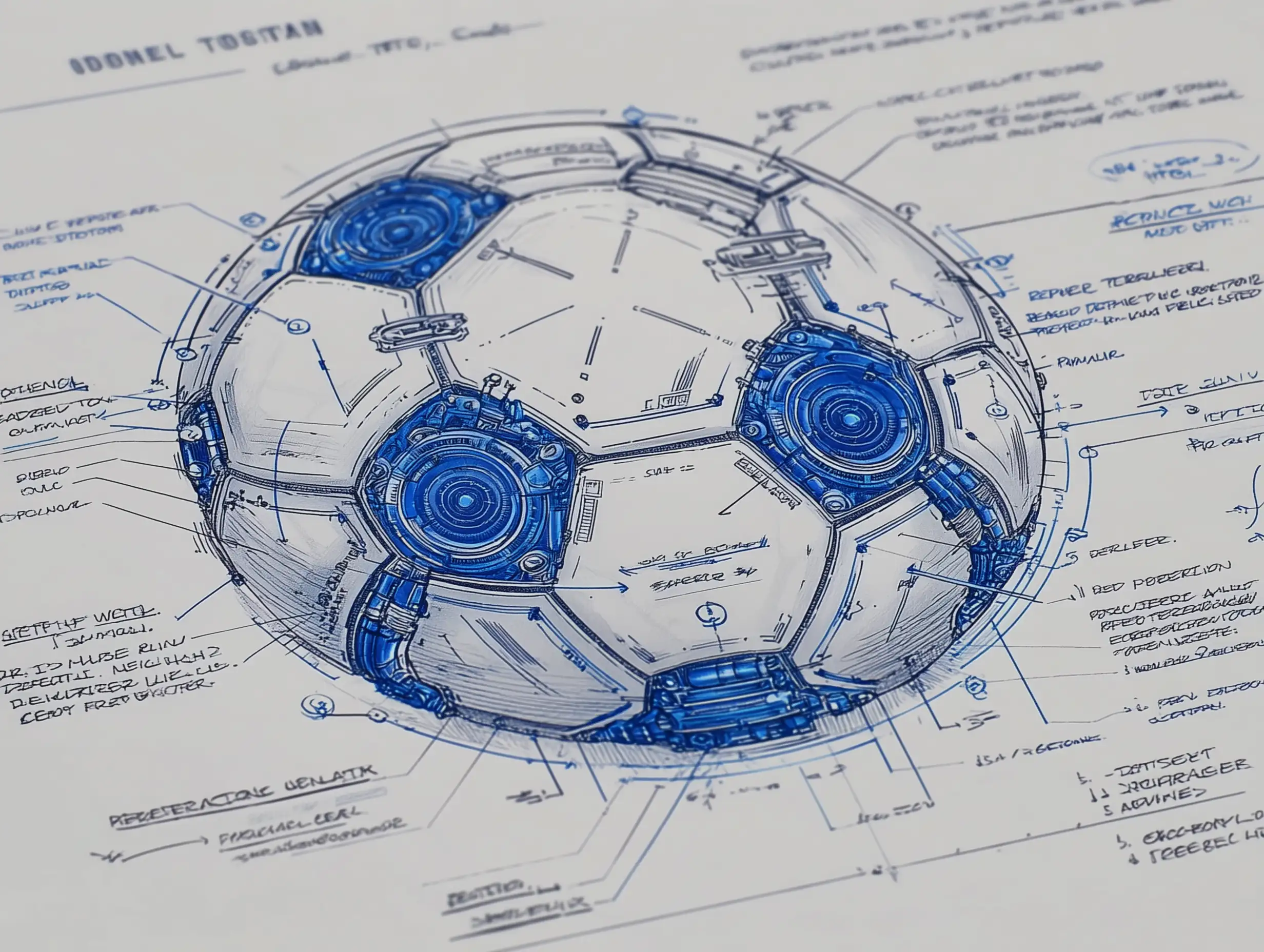 Technical drawing of a soccer ball showing pentagon and hexagon panel layout, precise lines, labeled diagram style, blueprint feel