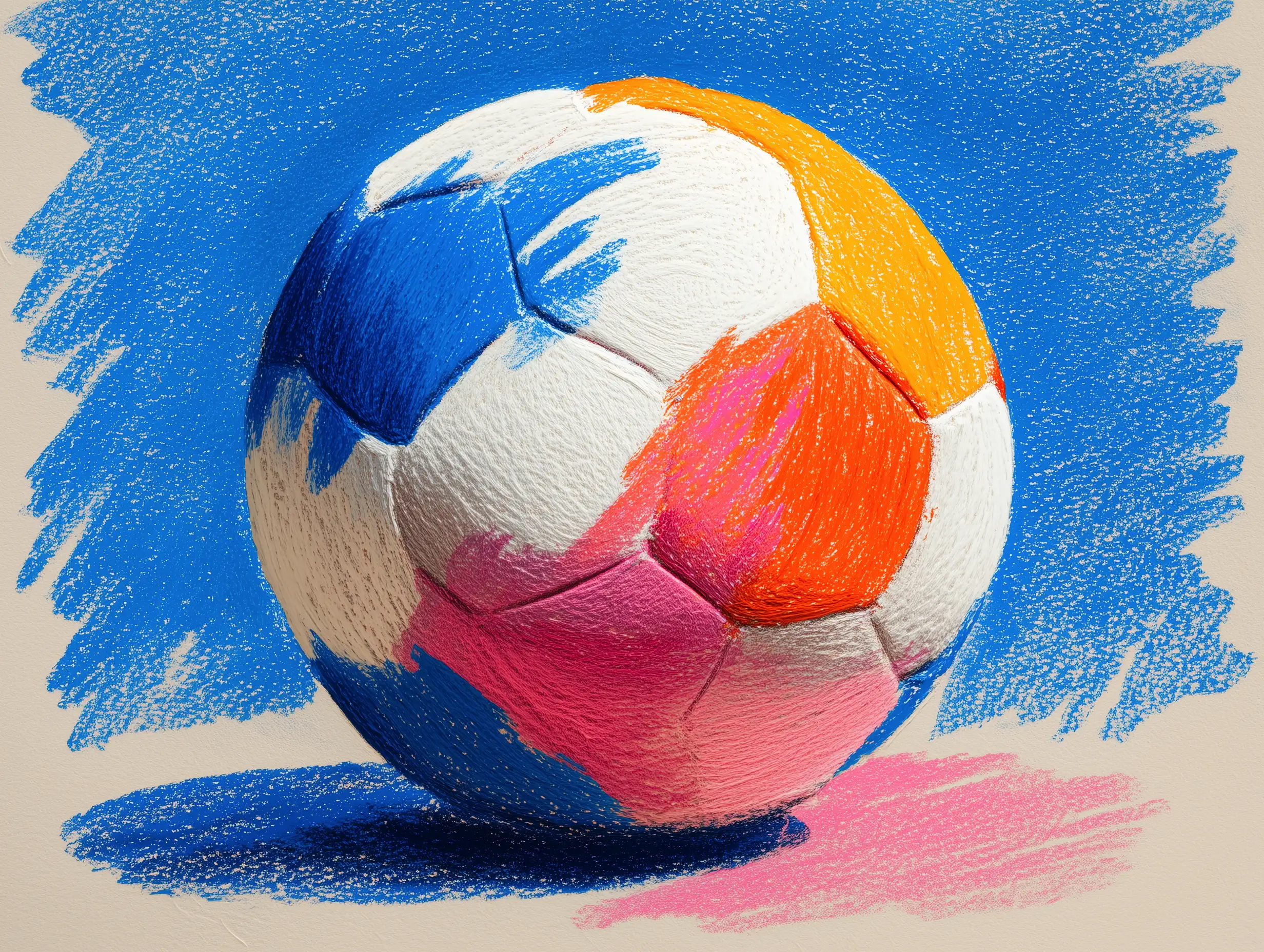 Crayon-style drawing of a soccer ball with bright uneven strokes, thick color blocking, playful childlike aesthetic, bold outlines