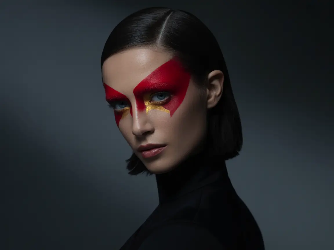 A close-up of an intense gaze, bold red and gold makeup, high-fashion cinematic shadows.