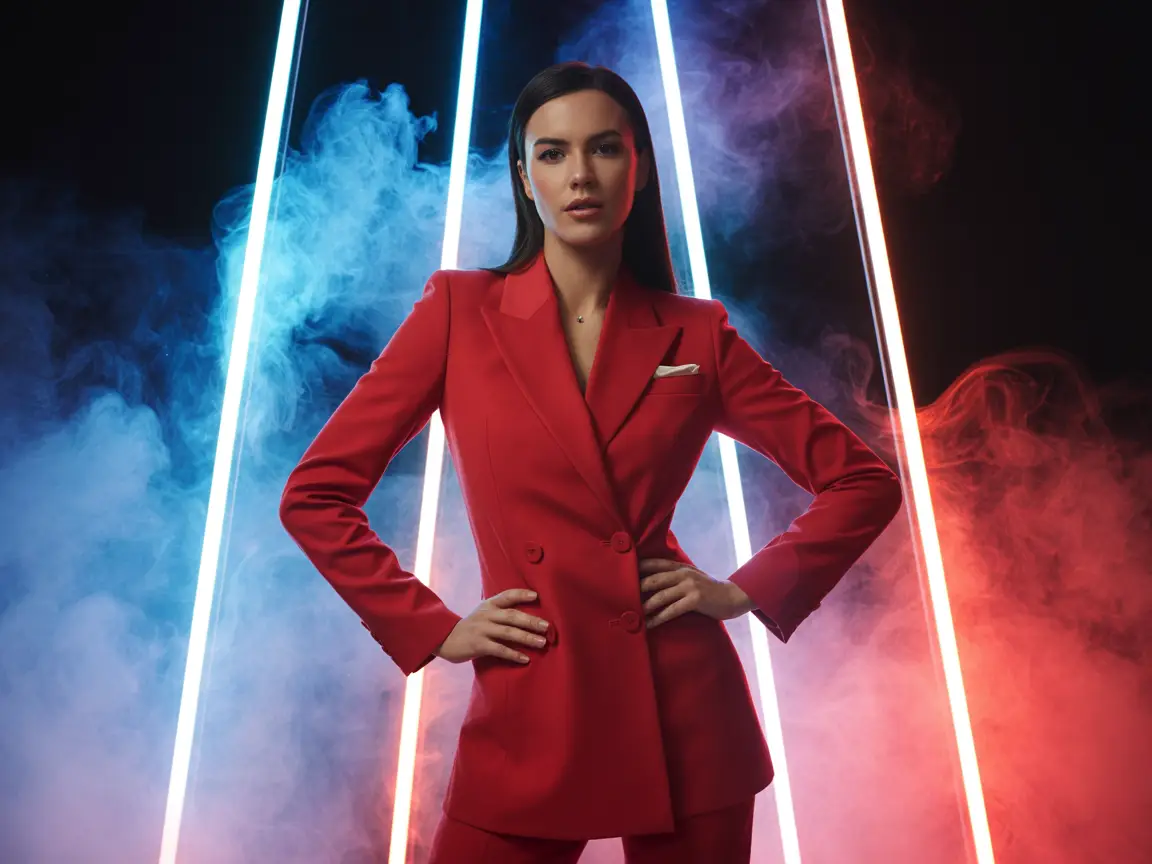 A confident woman in a red tailored suit standing in front of glowing neon lights, cinematic lighting and smoke effects, Harper’s Bazaar editorial style.