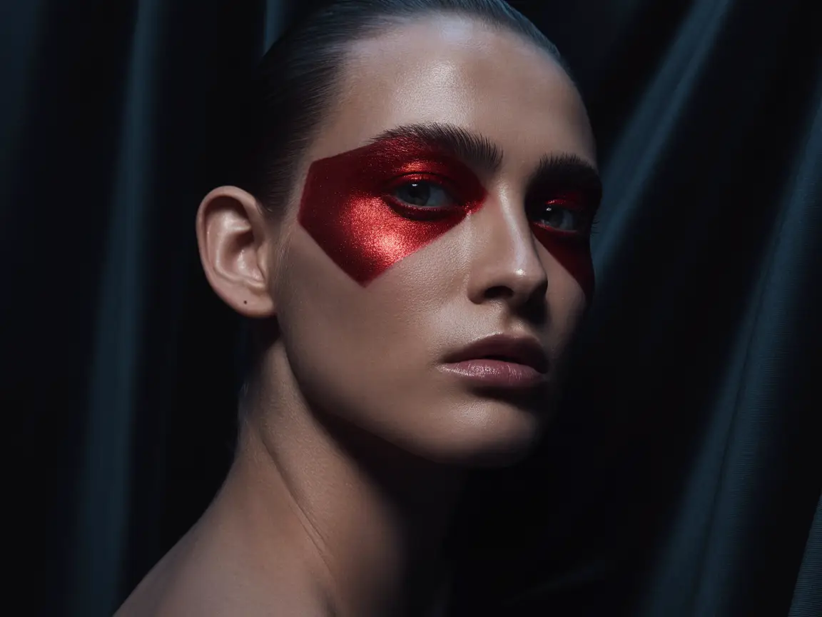 A close-up of a person with glittering red metallic makeup, sharp cheekbone highlights, editorial intensity.