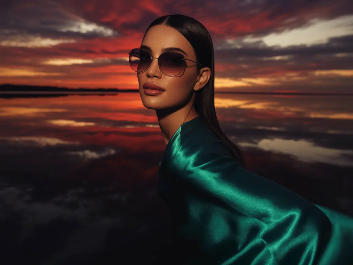 A glamorous portrait with reflective sunglasses, fiery sunset reflections, confident smirk, Vogue-style lighting.