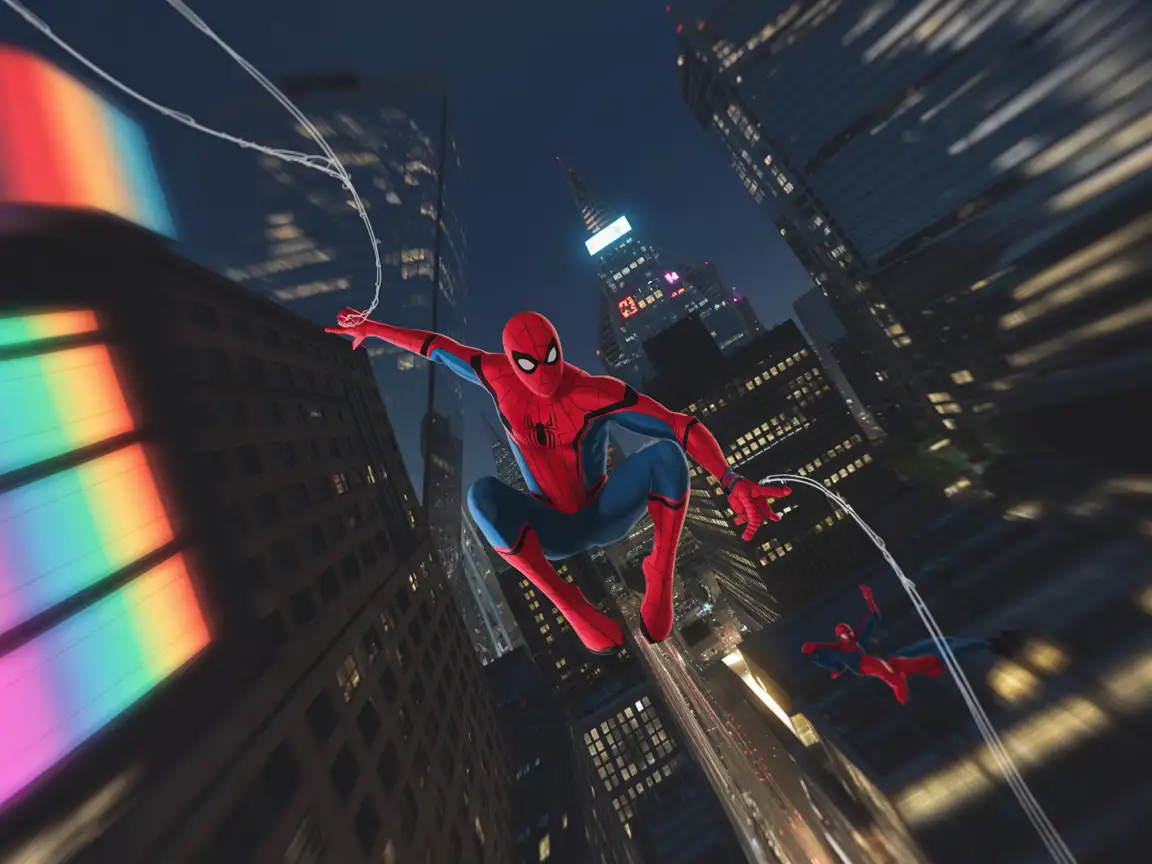Spider-Man swinging between tall skyscrapers at night, with neon lights illuminating the urban landscape and reflections on his red and blue suit.