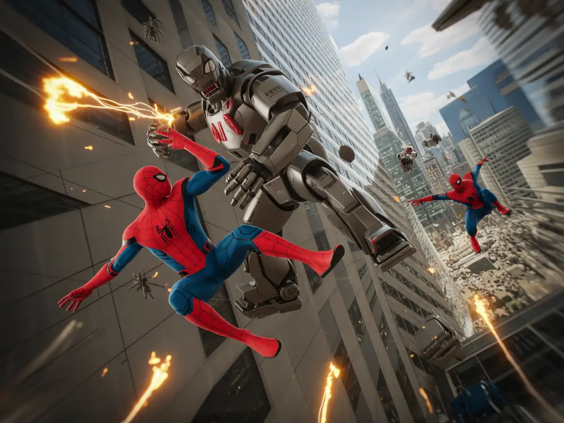 Spider-Man in his iconic red and blue suit, engaged in combat with a giant metallic mech, surrounded by falling debris and electrical sparks.
