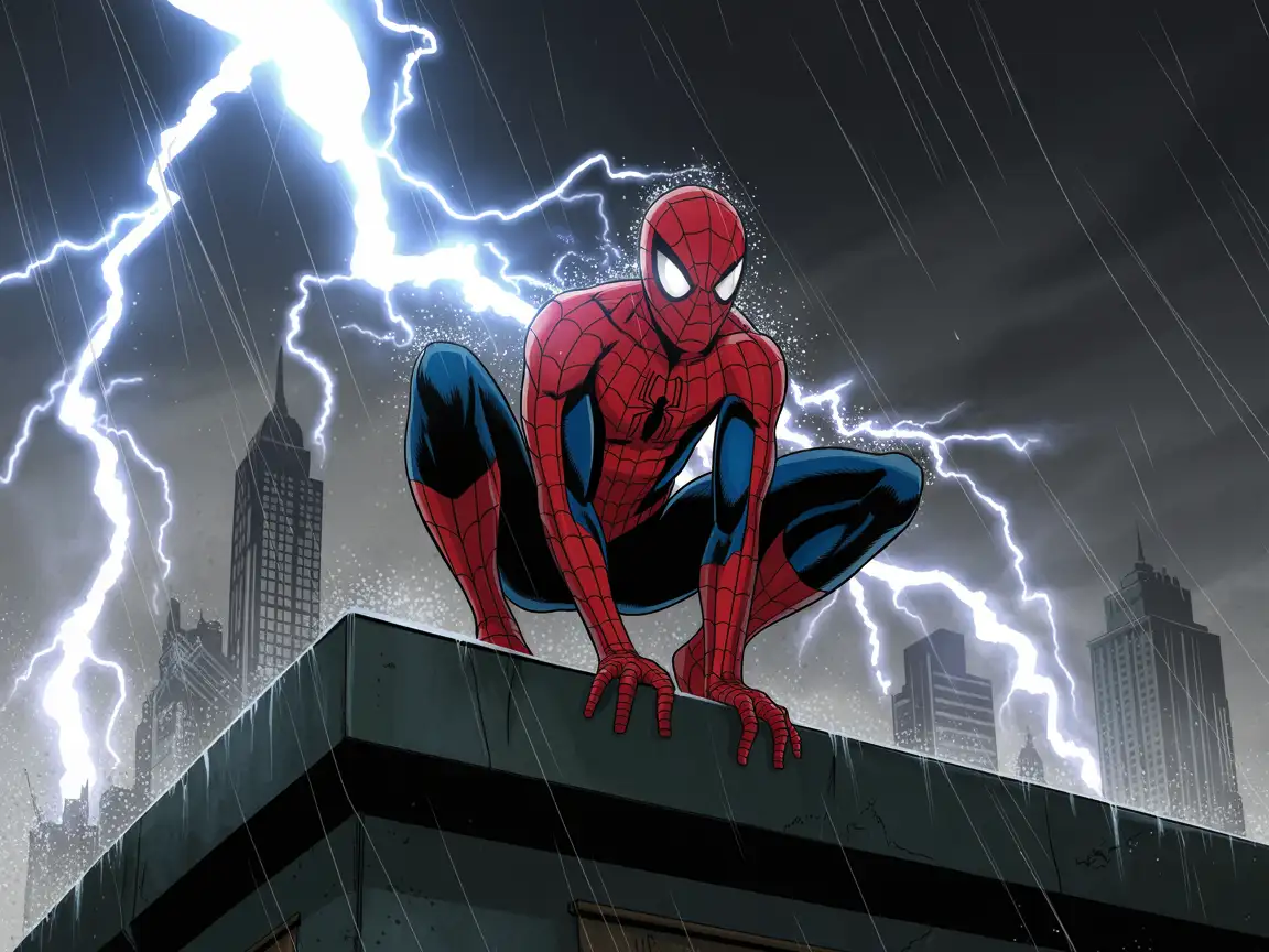 Spider-Man crouched on a rooftop during a fierce lightning storm, with bolts of lightning illuminating his red and blue suit, enhancing his iconic look. Add rain effects and a city skyline in the background.