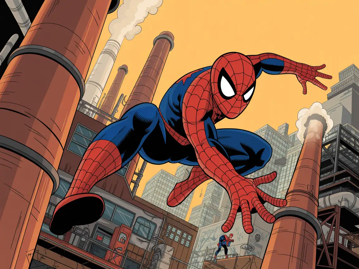 Spider-Man swinging through an industrial district with smoke stacks and pipes in the background. Include a cityscape with buildings and industrial machinery.