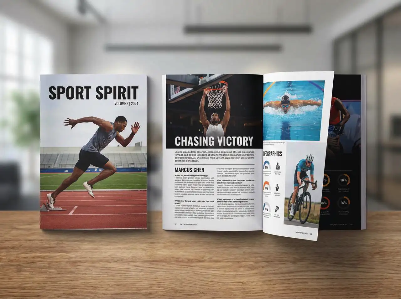 Open sport booklet on table, showing front cover and inner pages, featuring athletes in action, soft studio lighting, professional layout design.