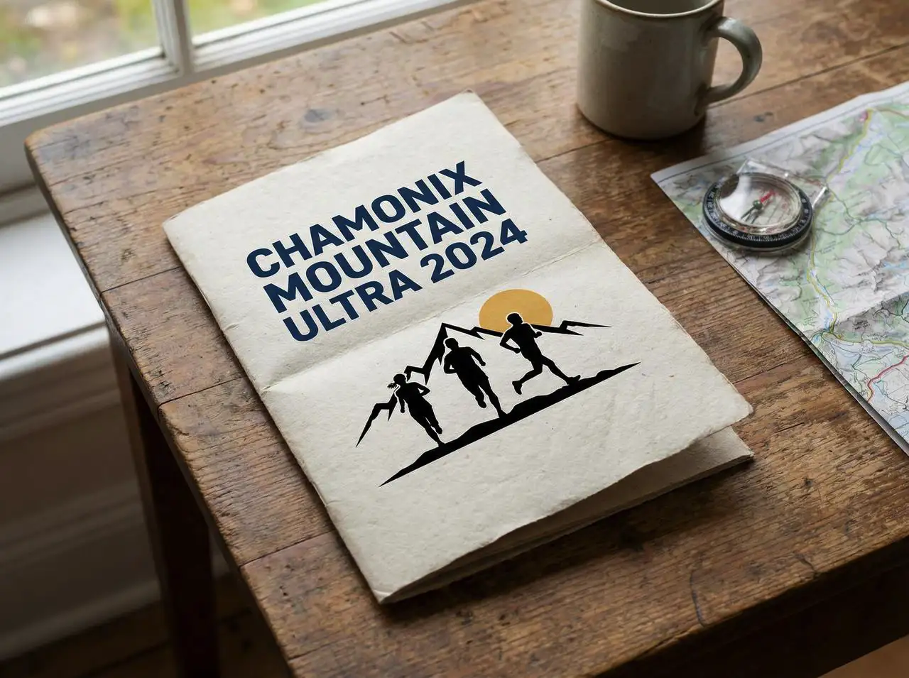 Folded booklet placed diagonally on a table, showcasing event title and athlete silhouettes.