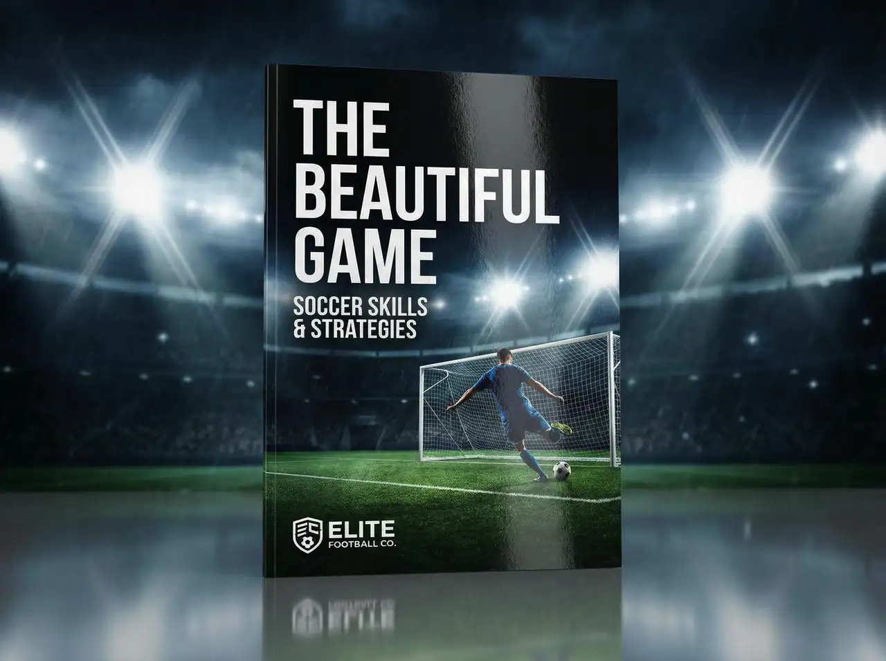 Soccer sport booklet cover standing upright, dramatic stadium light reflections, sharp branding layout.
