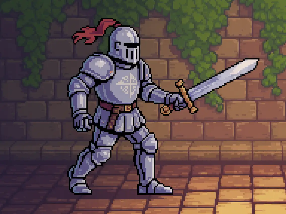 Pixel-art sprite sheet of a medieval knight performing walking, attacking, and idle animations with consistent lighting and shading.