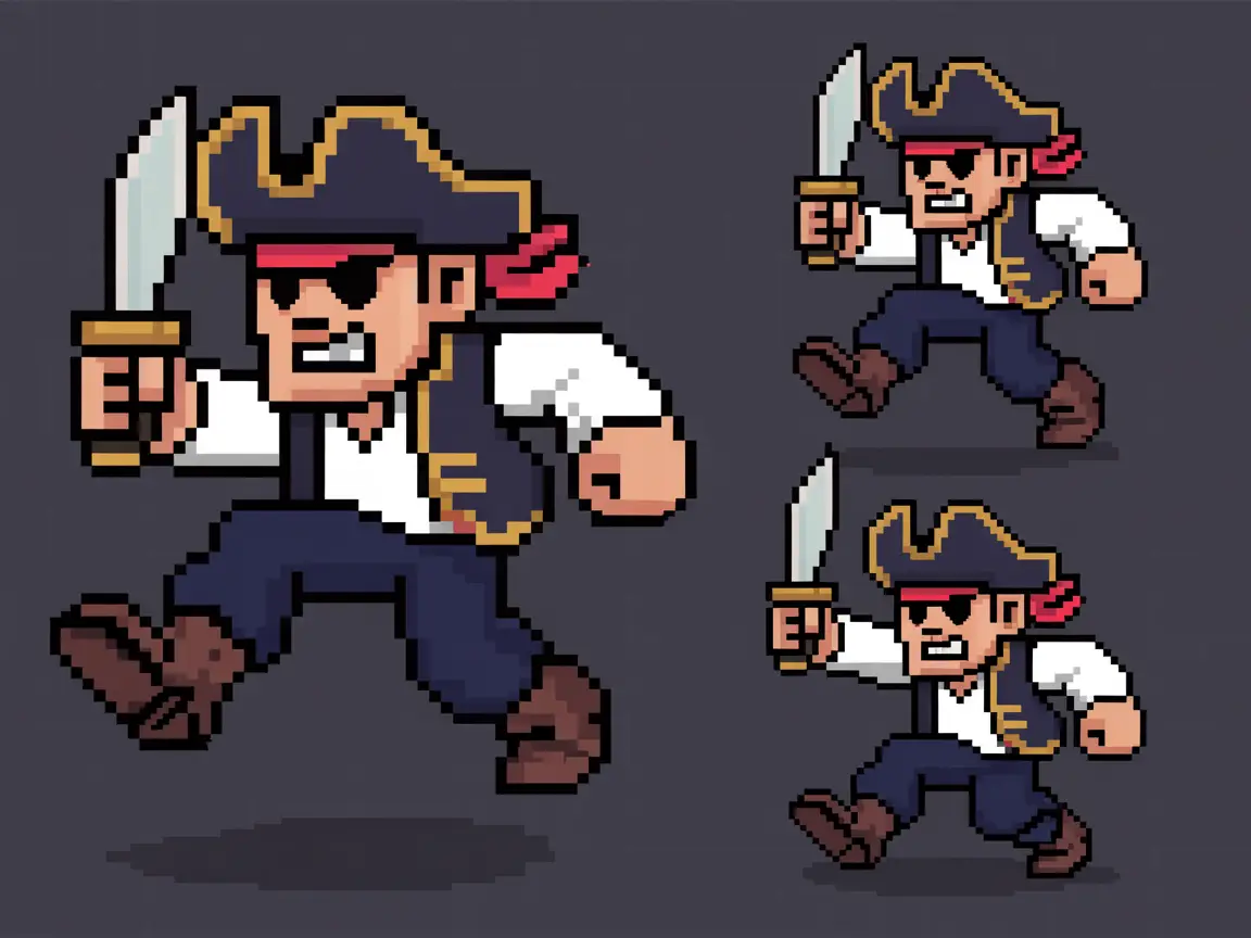 Pixel pirate sprite sheet performing run, attack, and idle poses with a small sword and sailor outfit.