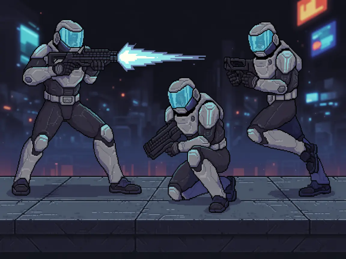 Futuristic soldier sprite sheet with rifle attack, crouch, and walk cycles, designed in pixel-art style.