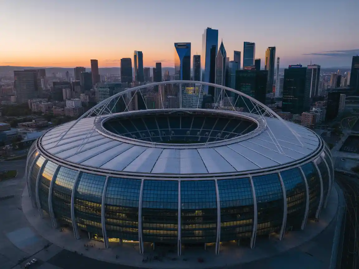 Uma foto aérea com drone de um estádio circular massivo situado no coração de uma metrópole moderna movimentada, exterior de vidro elegante refletindo os arranha-céus da cidade ao entardecer.