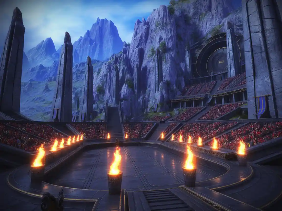 Uma arena de torneio mística e fantástica, esculpida diretamente na encosta de uma montanha massiva, pilares de pedra imponentes, tochas mágicas brilhantes iluminando as arquibancadas, estilo de arte épica de fantasia alta.