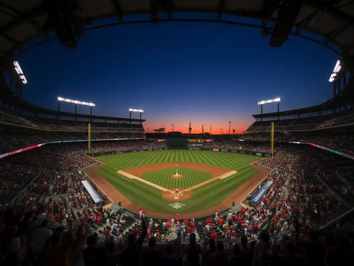 Um estádio de beisebol AI massivo visto por trás do home plate, arquibancadas lotadas, luzes do estádio brilhando intensamente, fotorrealista.