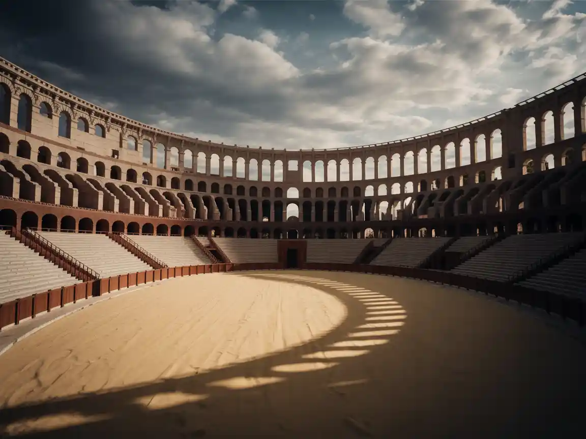 Uma reconstrução épica e historicamente precisa de um estádio inspirado no Coliseu Romano para lutas de gladiadores, arena de areia, luzes dramáticas do meio-dia criando sombras profundas, escala épica, arquitetura altamente detalhada.