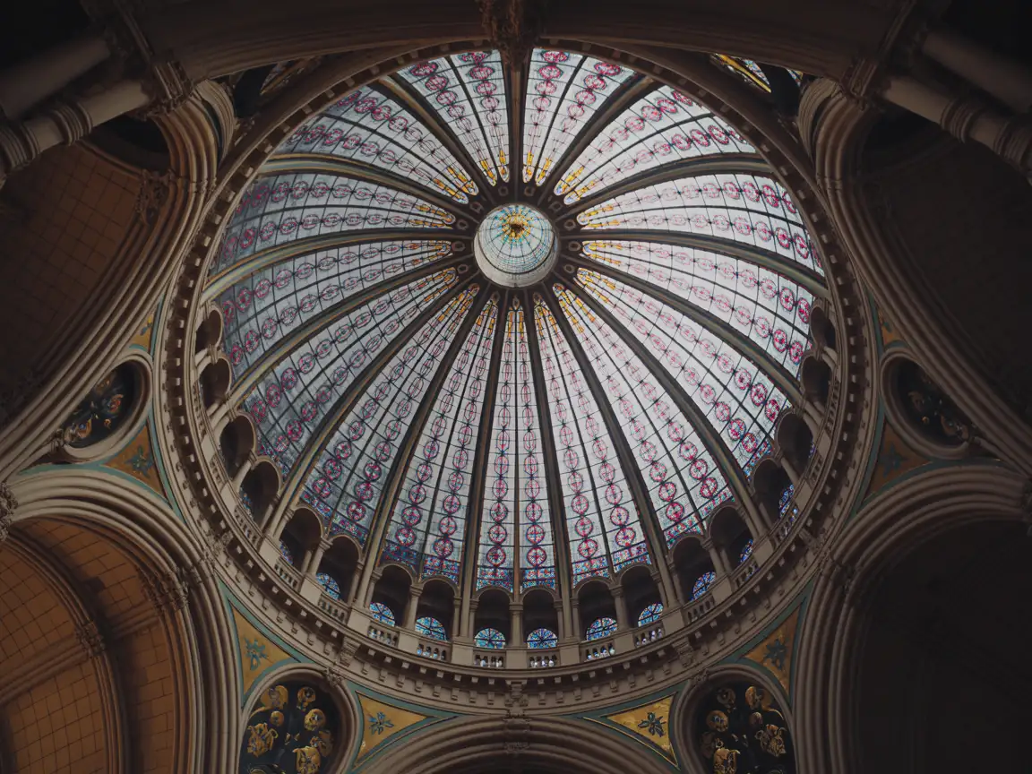 Emphasize the vibrancy and intricate beauty of the stained glass, creating a mesmerizing visual experience within the cathedral's architectural wonder.