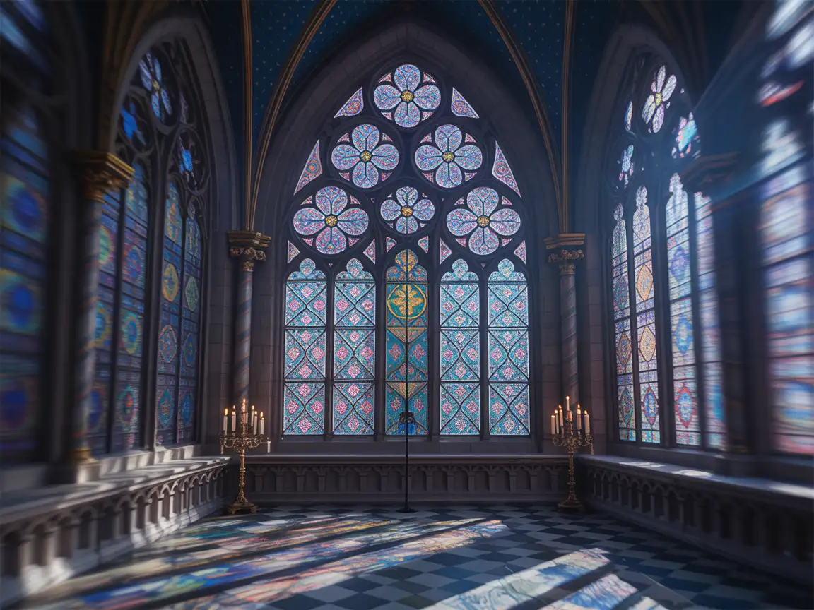 Emphasize the spiritual and architectural beauty of the gothic window, ensuring the sacred elements resonate with a sense of awe and reverence.