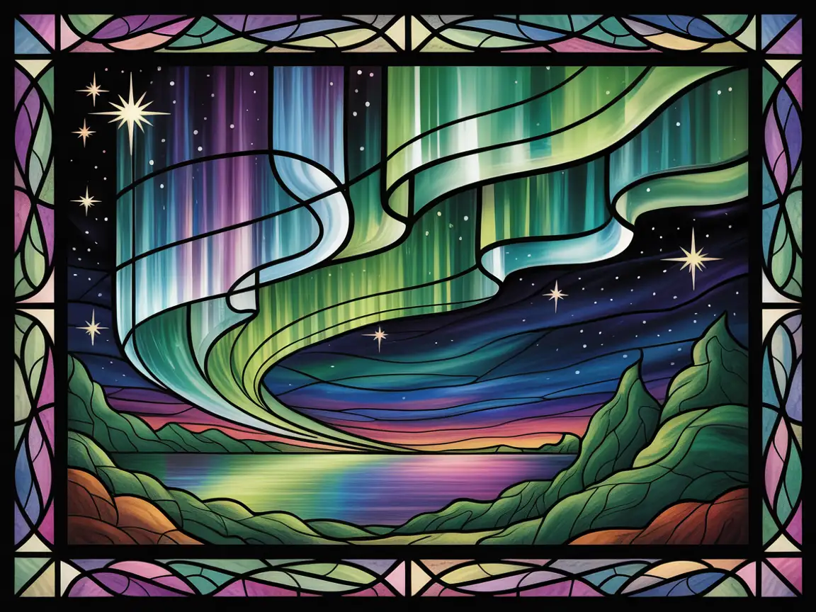 Keep the rendering elegant and visually captivating, highlighting the beauty of the northern lights in a stained glass format.