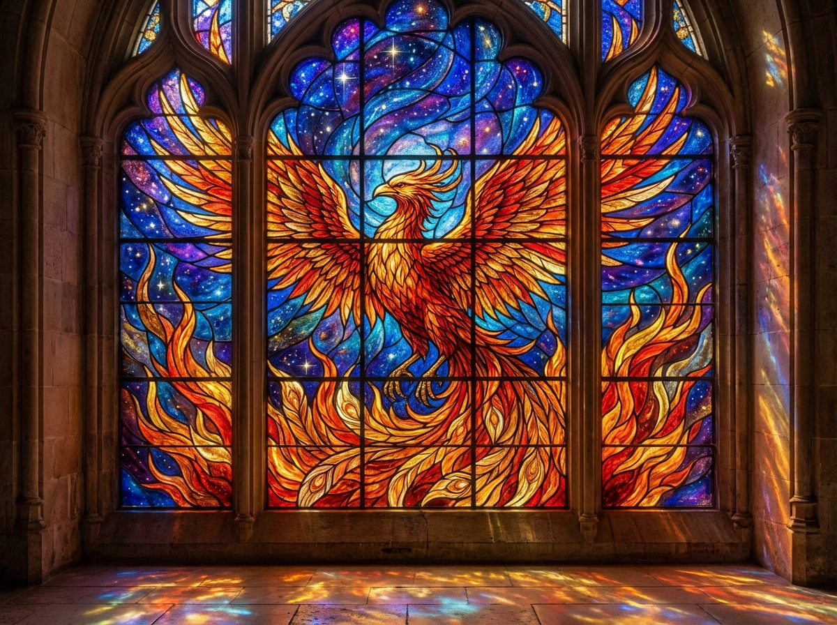 High-quality stained glass window design depicting a celestial phoenix rising from flames, vibrant red and amber glass textures, intricate lead cames, sunlight streaming through with colorful reflections, Gothic cathedral style, 8k.  [图片]