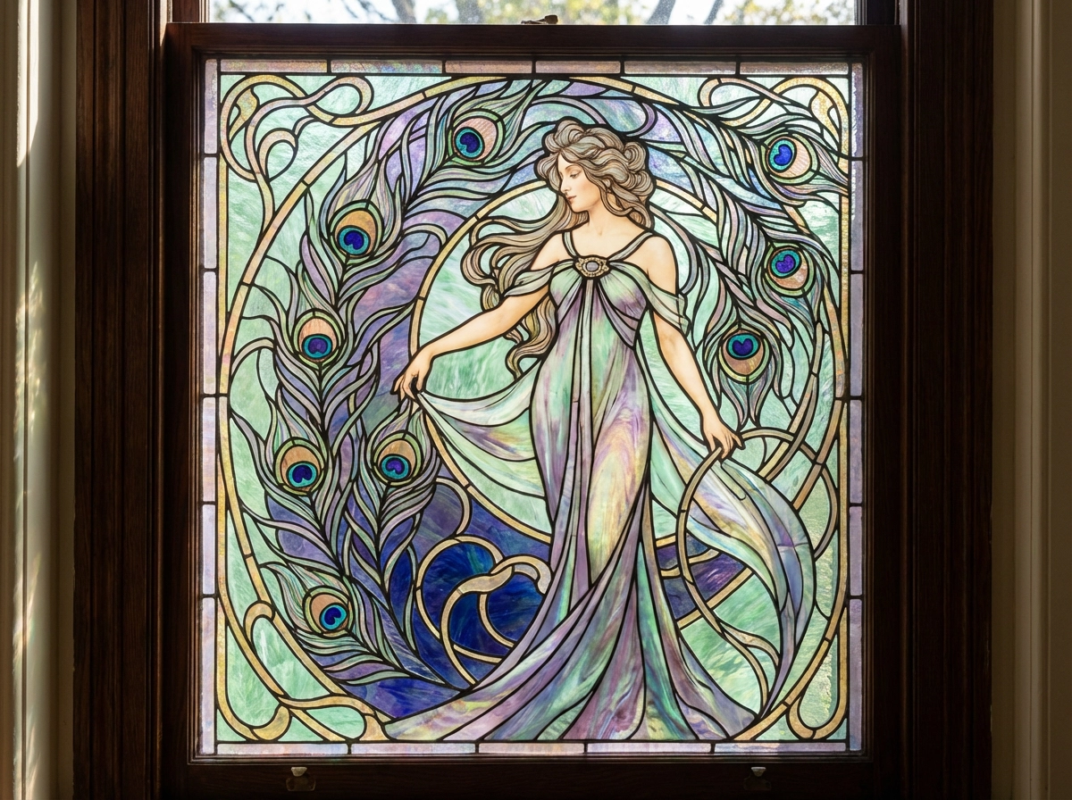 Art Nouveau stained glass depicting a graceful woman surrounded by peacock feathers, swirling organic lines, soft emerald and violet hues, iridescent glass effect, elegant and decorative.