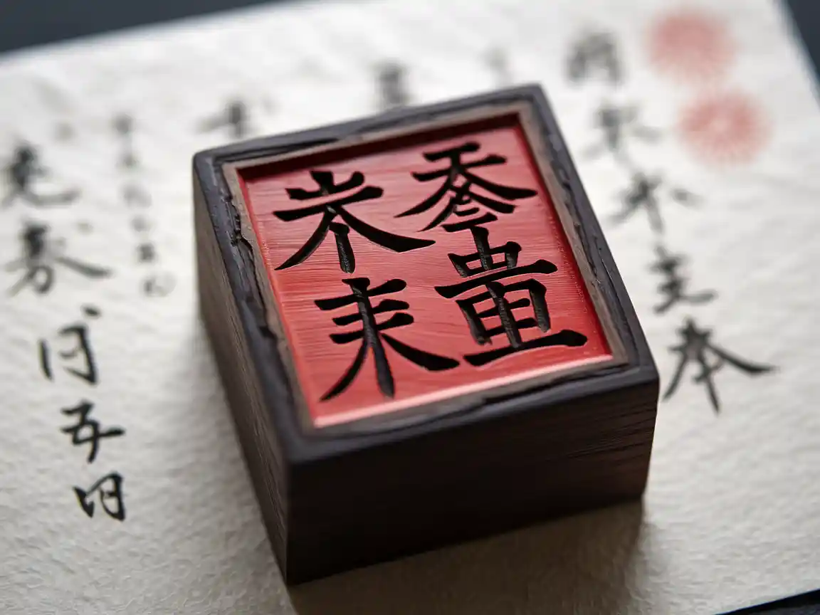 Um selo japonês tradicional quadrado Hanko feito de madeira escura, imprimindo uma tinta vermelha vibrante em papel Washi delicado e fibroso, com caligrafia Kanji elegante e antiga.