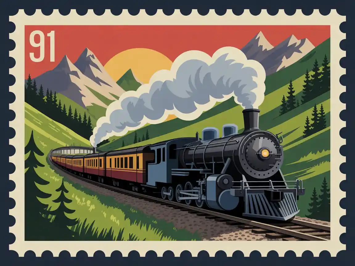 Um selo postal estilo retro dos anos 1950 retratando um trem a vapor clássico viajando por uma passagem montanhosa, cores ricas, bordas perfuradas, arte postal nostálgica.