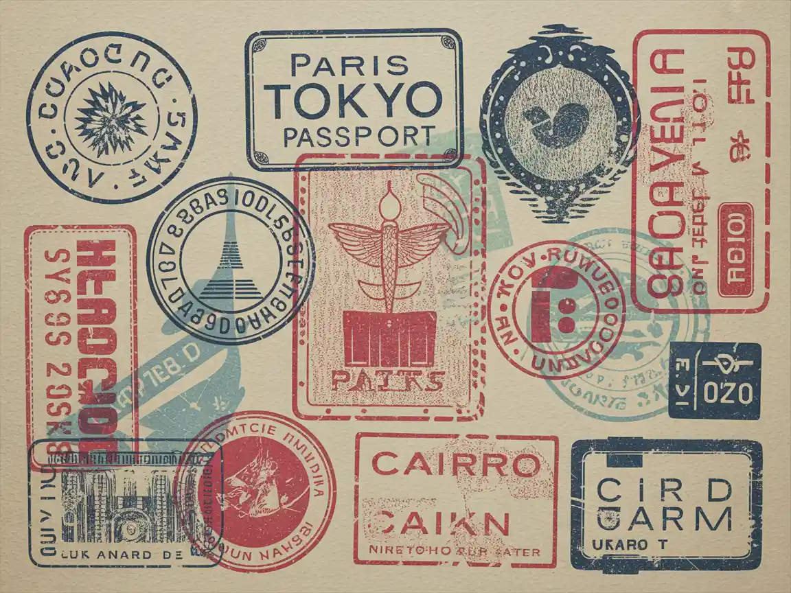 Uma coleção de carimbos de passaporte desbotados e sobrepostos em uma página antiga de visto, com desenhos circulares e retangulares de Paris, Tóquio e Cairo, tinta azul escura e vermelha, estética gasta e bem viajada.