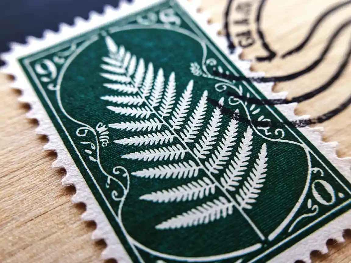 Uma foto macro detalhada de um selo postal vintage com uma bela ilustração de samambaia botânica, linhas gravadas intricadas, bordas desgastadas, carimbado com tinta preta, textura de papel realista.