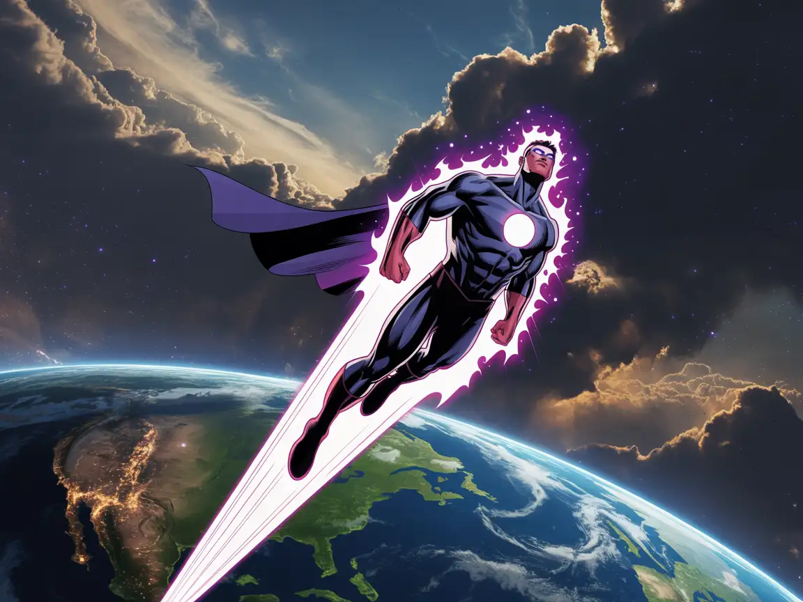 A muscular superhero with a glowing cosmic energy aura, flying above Earth, surrounded by shimmering nebulae and stars in the background.