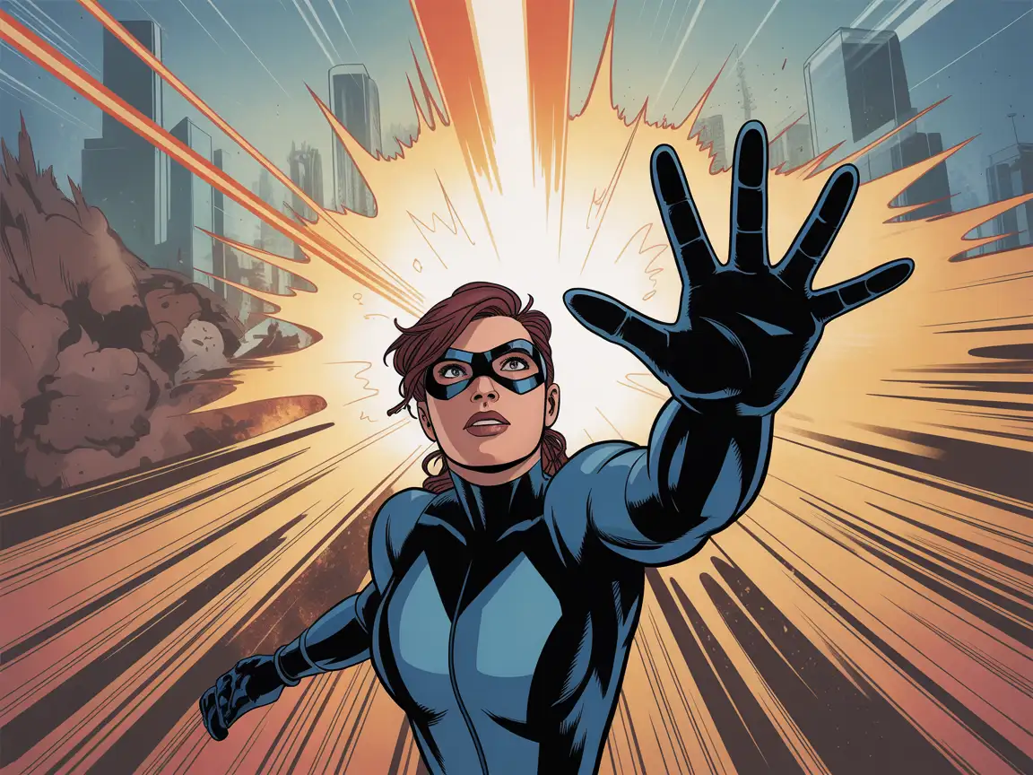 A female superhero in a sleek, high-tech battle suit, generating a shimmering energy shield. Include a futuristic city background with a laser beam approaching from above.