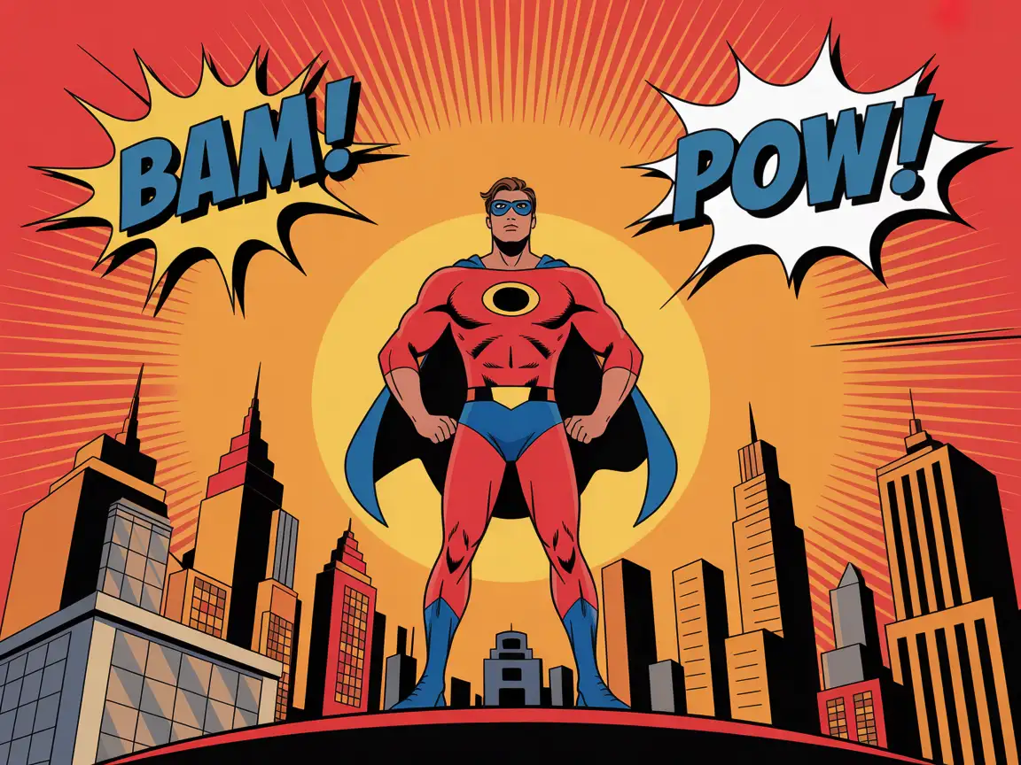 Focus on creating an inspiring and visually striking portrayal of a heroic figure, celebrating the intensity and adventure of classic comic book art.