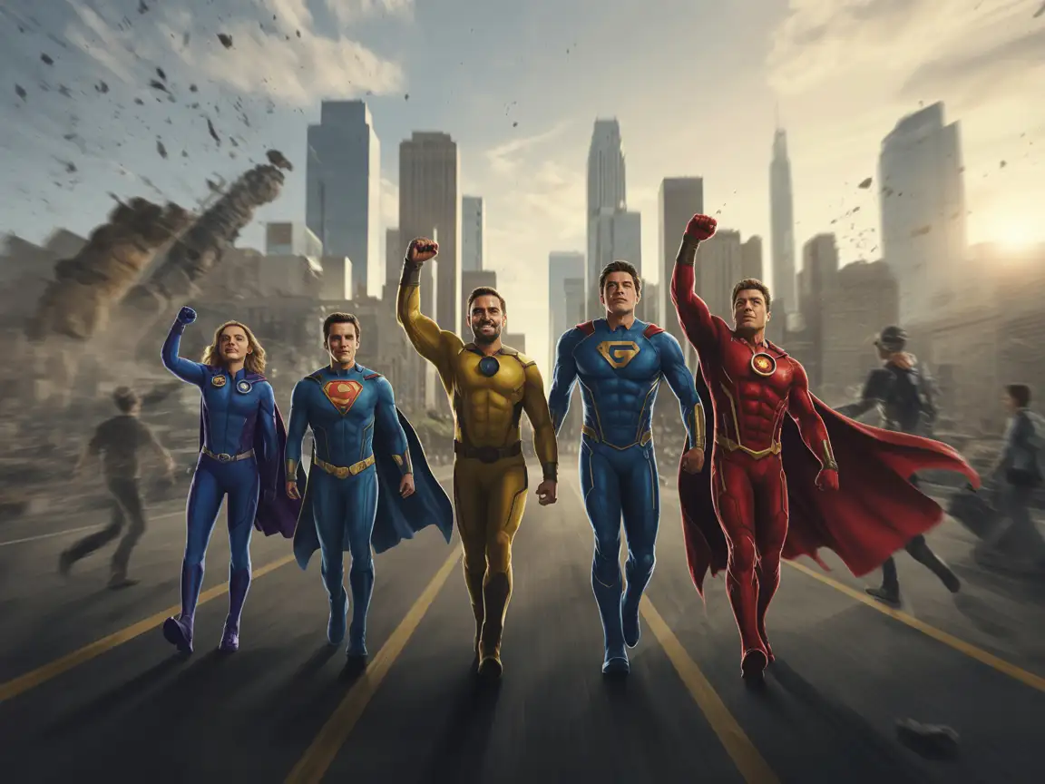 A diverse group of five superheroes in vibrant costumes, each representing different powers.