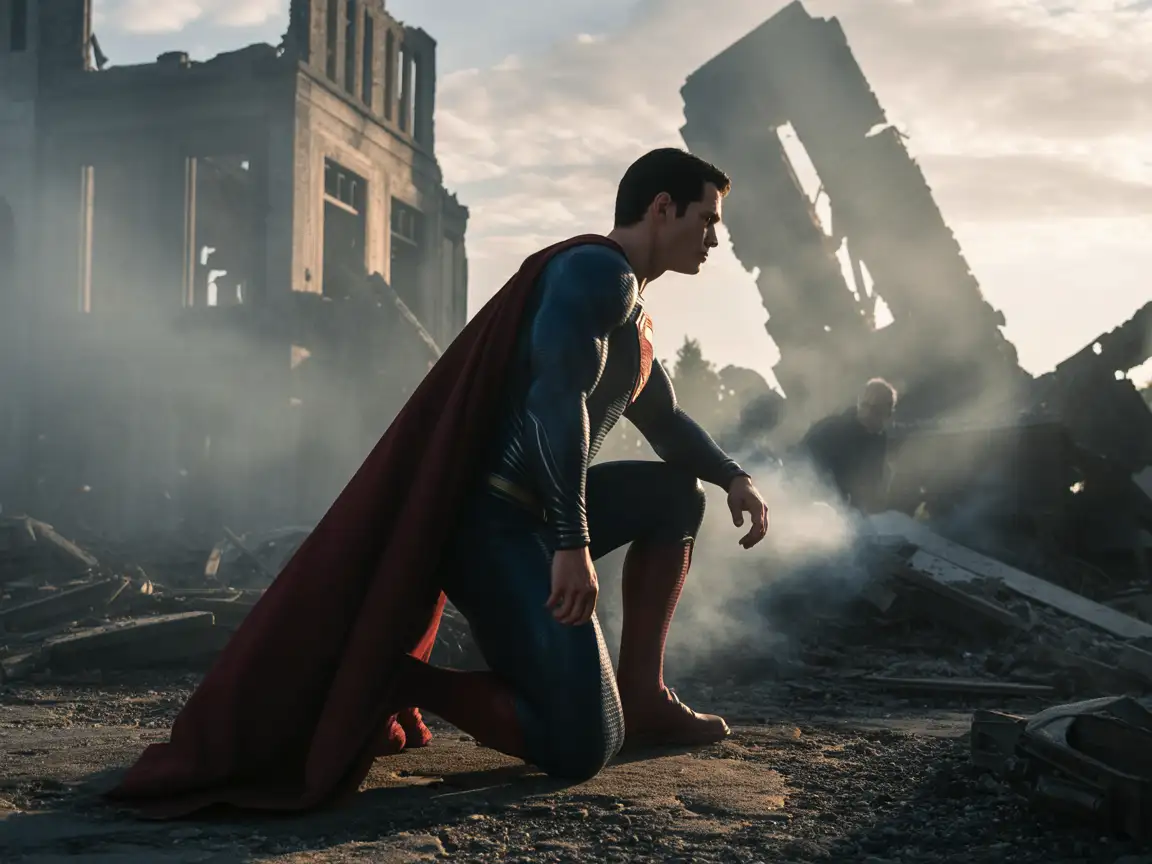 Superman kneeling in front of the ruins of a city, with crumbling buildings and debris around him.