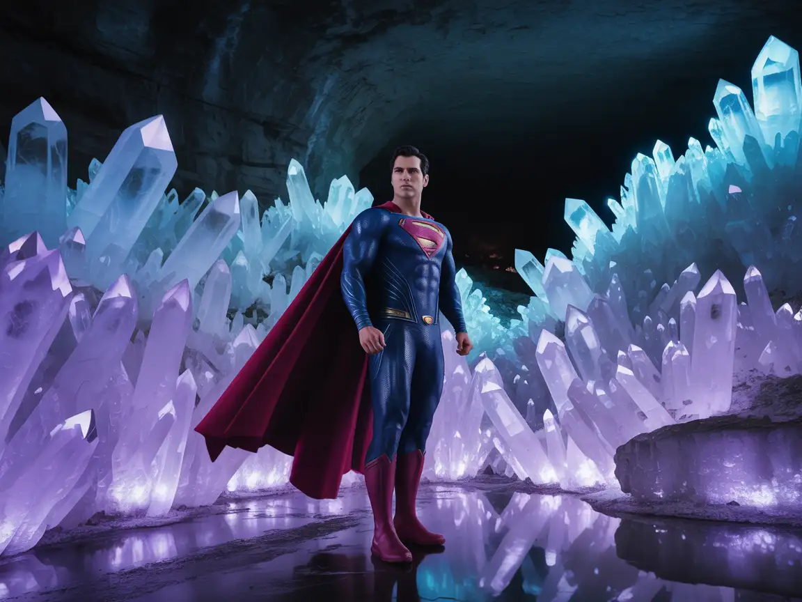 Superman standing in front of a glowing crystal cave, reflection on icy floor, majestic expression, photorealistic texture