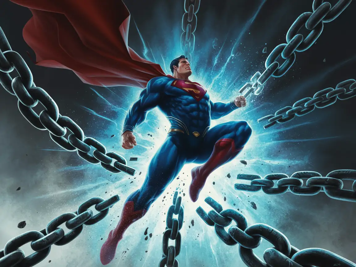 Superman breaking chains glowing with energy, sparks and dust particles frozen midair, symbolic power pose