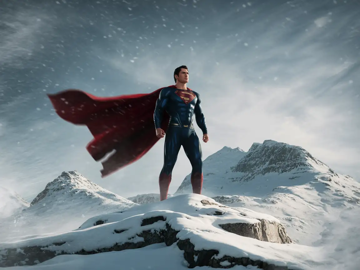 Superman standing confidently on a snow-covered mountain peak, with his iconic cape flapping in the wind.