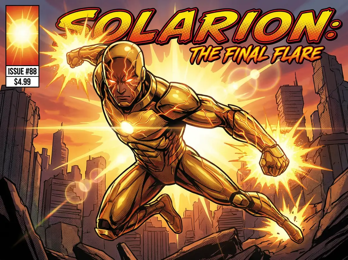 A superhero with the ability of solar flare manipulation, cinematic lighting, glowing golden veins, comic book cover style, 8k resolution, intense action pose.