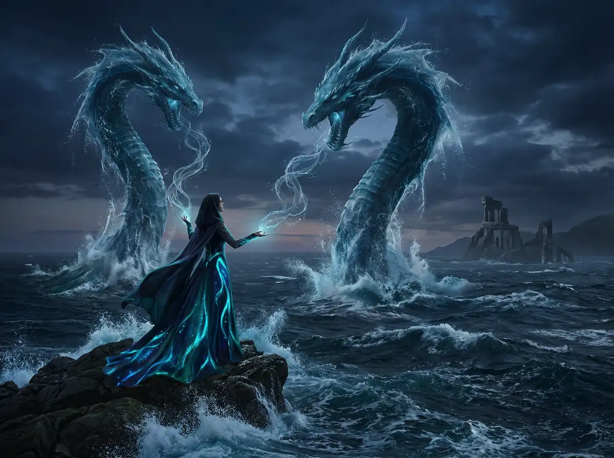 Goddess of the deep sea with hydrokinetic powers, controlling massive water dragons, vibrant turquoise and deep sea blue, photorealistic, epic scale.