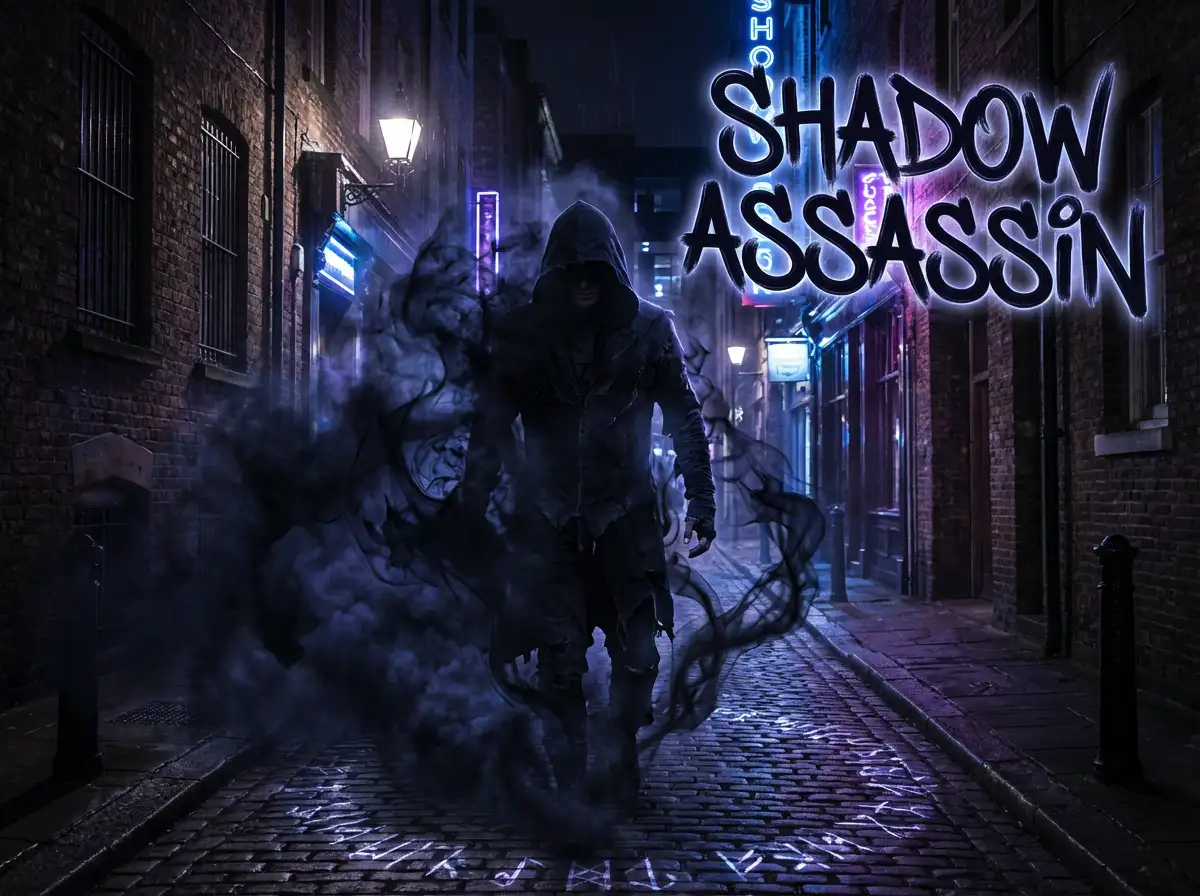 Stealth-based shadow teleportation ability, dark ink-like smoke effects, 'Shadow Assassin' stylized typography, moody lighting, urban fantasy aesthetic.