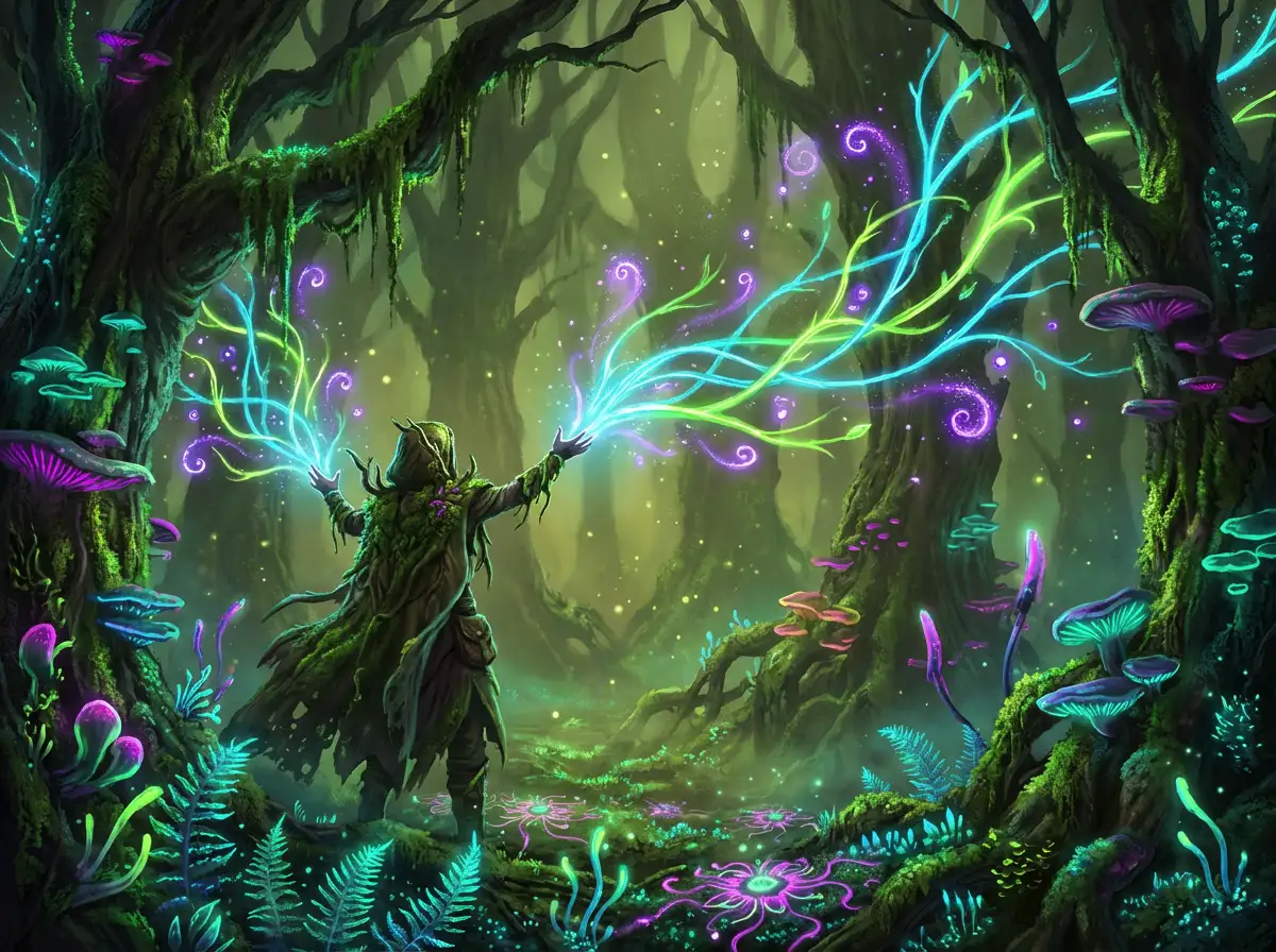 Nature-based power involving rapid floral growth and toxic spores, vibrant neon greenery, ethereal forest background, high-detail concept art.