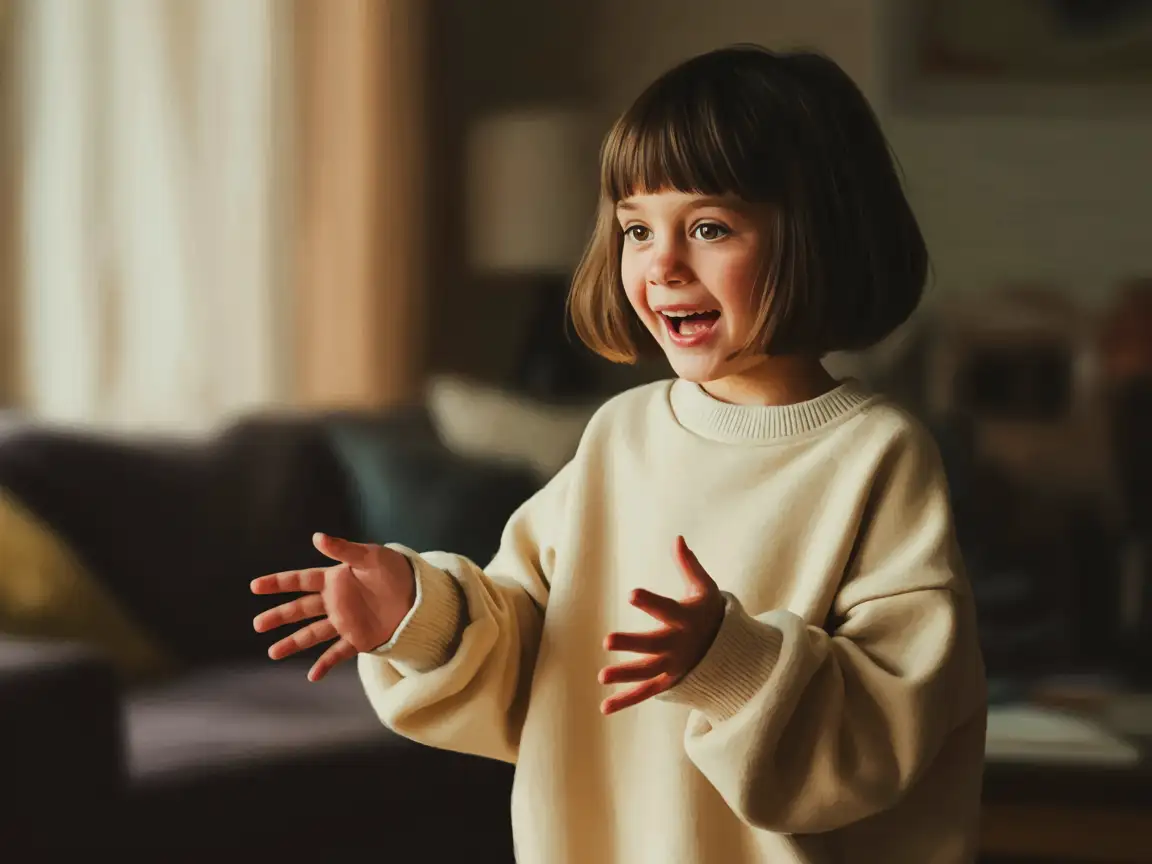 Ein junges Mädchen mit Pagenfrisur erklärt etwas aufgeregt, helles weiches Licht, ausdrucksstarke Gesichtsanimation.