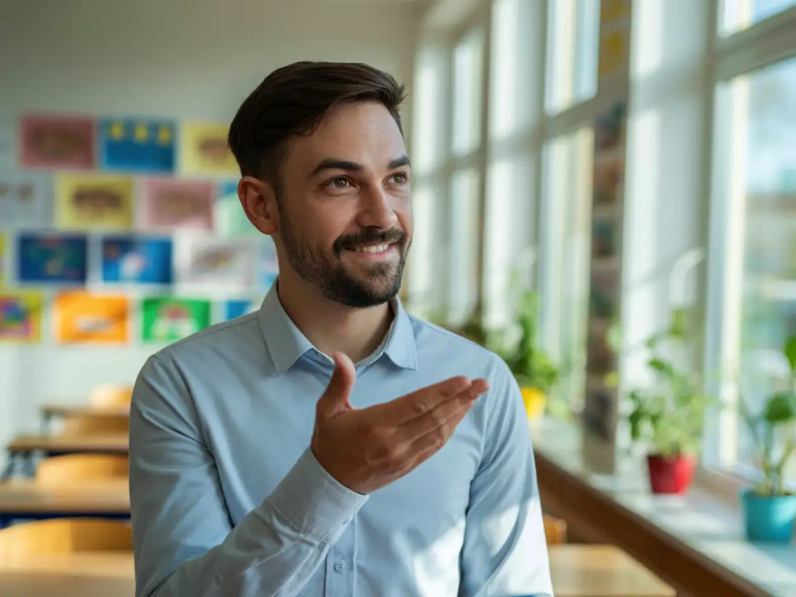 Ein charismatischer männlicher Lehrer erklärt ein Konzept, natürliches Klassenzimmerlicht, realistische Mikroausdrücke.