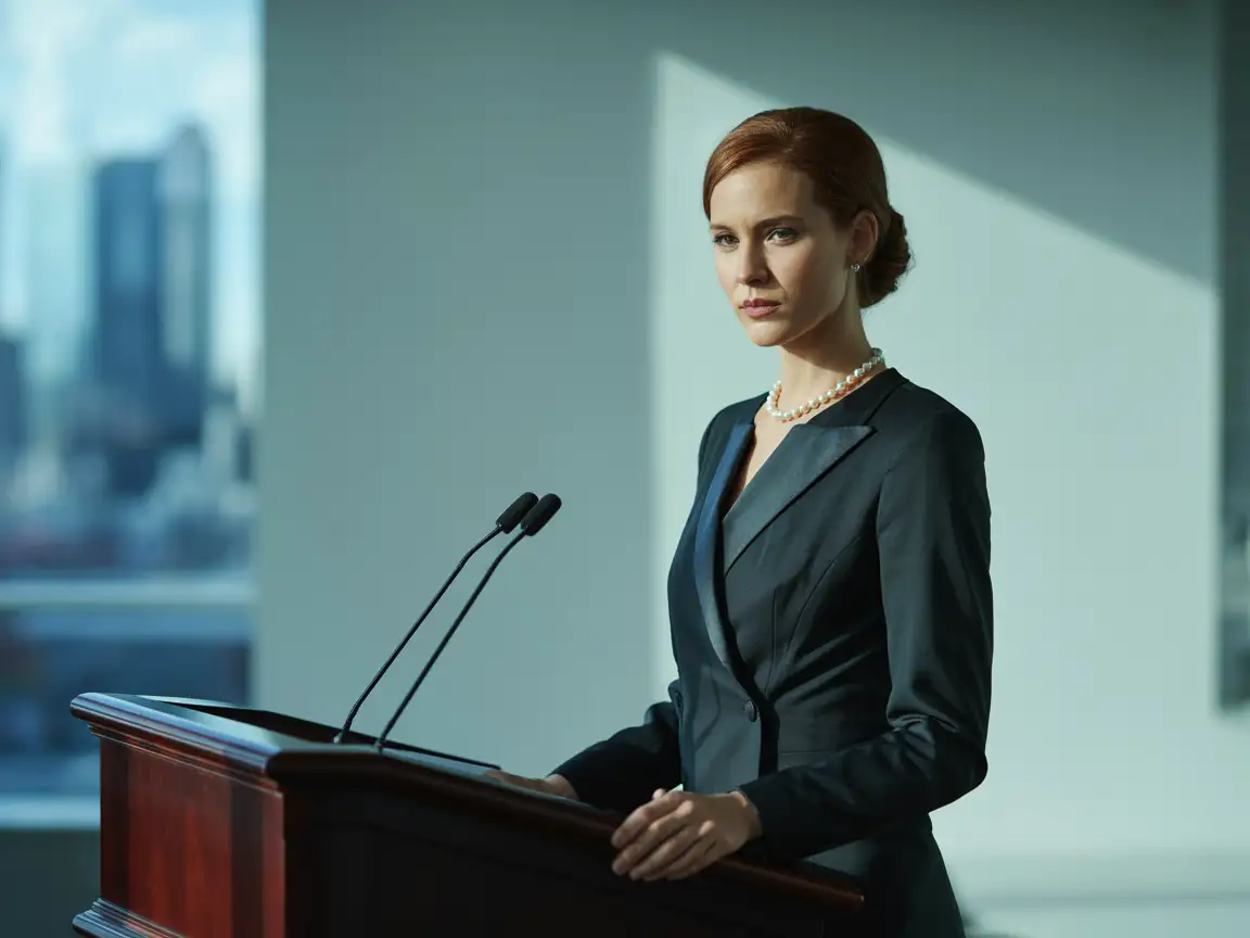 Ein selbstbewusster CEO gibt eine kurze Ankündigung, klares Firmenlicht, gelassener Ton.