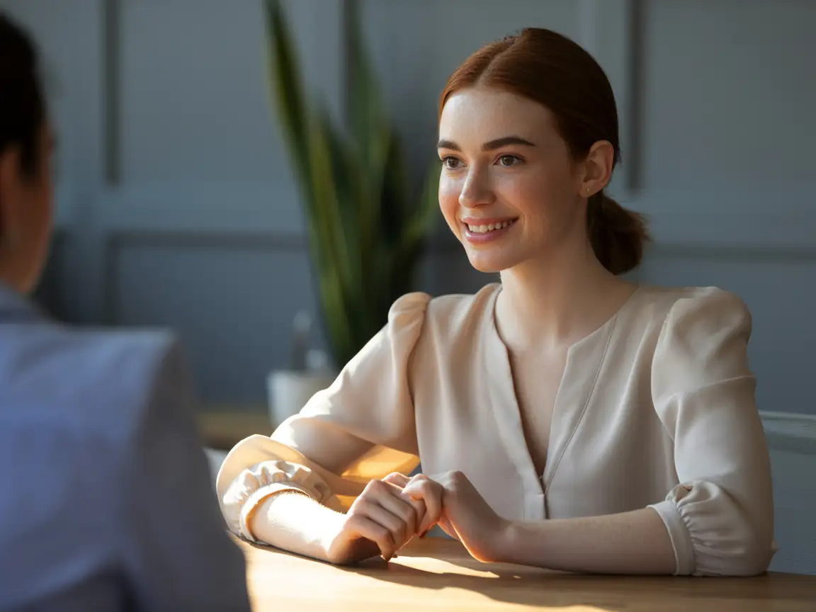 Eine junge Frau beantwortet Fragen in einem Interview, weiches Fülllicht, authentische natürliche Sprechbewegung.