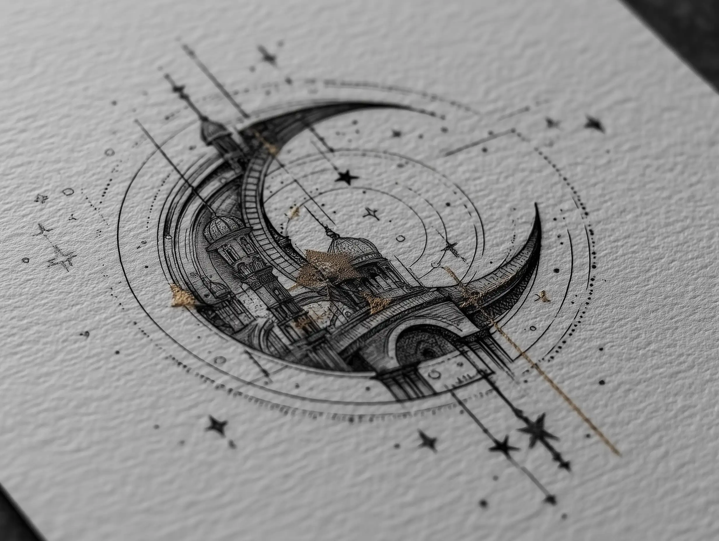 Fine-line tattoo design of a crescent moon and stars, clean black ink lines, minimalist composition, white background, professional tattoo flash style