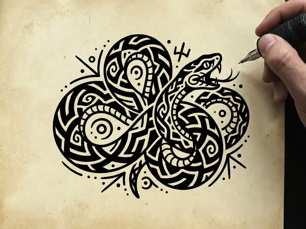 Blackwork tattoo illustration of a coiled snake, bold solid black shapes, strong contrast, clean negative space, modern tattoo art style